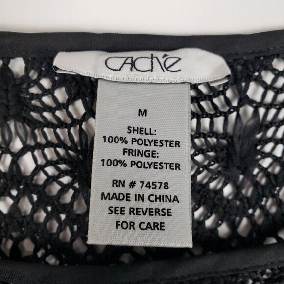 Cache Crochet Fringe Top Sleeveless Black Satin Sequin Sheer Evening Size Medium - Picture 4 of 6